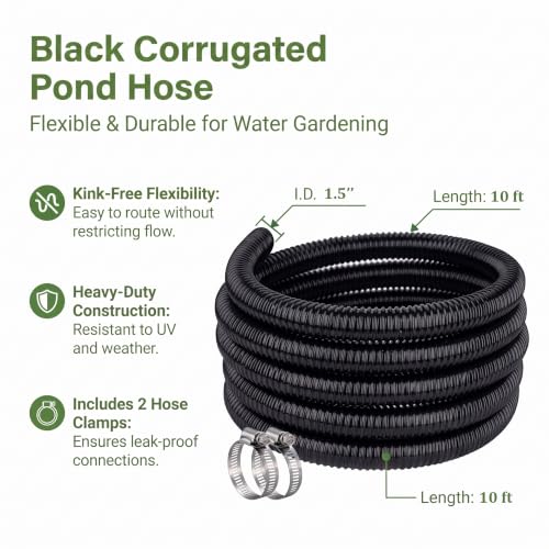 Image of Pond Hose 1-1 /2 inchID x 10ft Black Corrugated Flexible Pump Tubing & 2 Clamps | Reinforced Water Hose Vinyl Tubing for Sump Pump Pond Fountain Garden Waterfall, Non-toxic & Kink-proof (1.5in - 10ft)