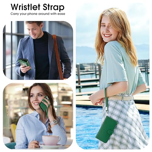 Arae Compatible with iPhone 16 Plus Case Wallet with Card Holder, Wristlet Strap Wallet Flip Cover for iPhone 16 Plus 6.7 inch Men/Women, RFID Blocking, Kickstand,Litchi Dark Green by Arae - Image 5