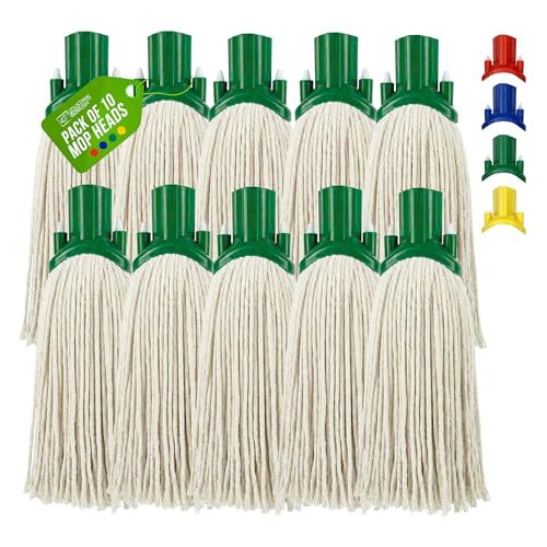Image of Cotton Floor Mop Replacement Heads - Absorbent Cotton for Colour Coded Mops for Cleaning Floors - Durable Plastic & Self Threading Mop Head - Available in Blue, Green, Red, Yellow - Pack of 10 - Green