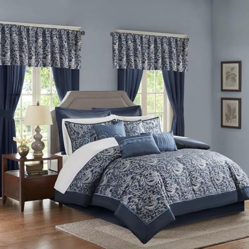 Image of Madison Park Essentials Brystol 24 Piece Room in a Bag Faux Silk Comforter Jacquard Paisley Design Matching Curtains Down Alternative All Season Bedding-Set, King(104 in x 92 in), Navy 24 Piece