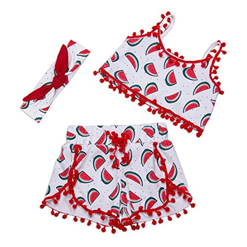 Ding-dong Baby Kid Girl Summer Tassel Watermelon Top+Shorts+Headband 3 Pieces Set Outfit(Sleeveless,2T)