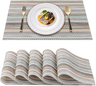 Placemats Sets of 6 for Dining Table - Rustic Placemat Woven Vinyl PVC with Green Farmhouse Strip, Non-Slip Washable Placemats Heat Resistant Kitchen Table Mats for Home Restaurant Cafe Pub (6, Green)