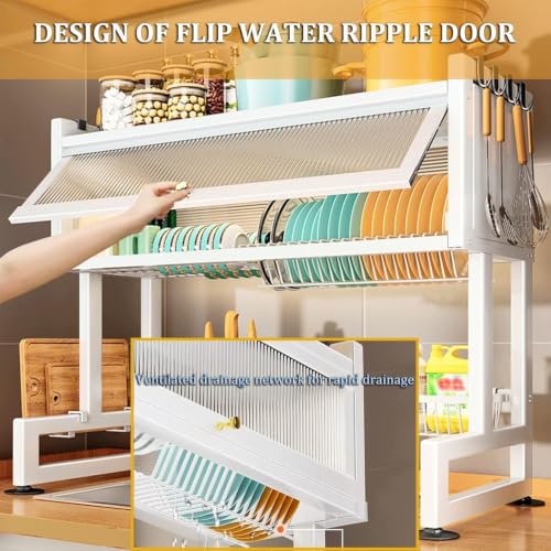 Image of Gvnd Over-The-Sink Dish Drying Rack with Dustproof Flip Cover Door | Multifunctional Adjustable Metal Kitchen Countertop Organizer (MULTI 1)