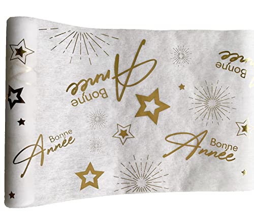 Tralala Fêtes - Chemin de Table Bonne Année Décoration Table Réveillon de la Saint-Sylvestre Brillant Blanc et Or. Chemin de Table Salle à Manger en Tissu Non Tissé Ambiance Festive - 31,5x500 cm Cover