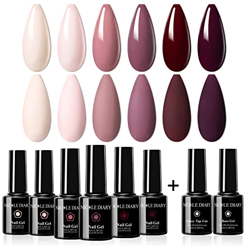 NICOLE DIARY UV Nagellack Set mit Unterlack Überlack 8PCS 8ML Shellac Nagellack Nude Rosa Gel Nagellack Set mit Base…