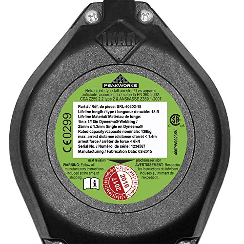 Image of Peakworks Fall Protection Self Retracting Lifeline (SRL) with Webbing, Snap Hook, 18 ft. Length, Green, V845423018