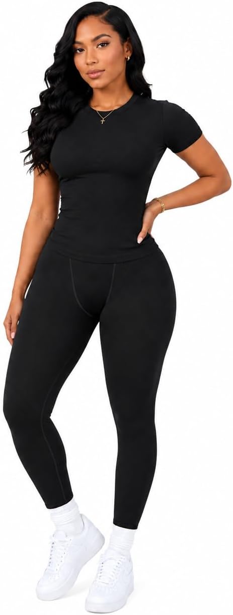 Women’s Ribbed 2 Piece Tracksuit Set Short Sleeve Top High Waist Leggings
