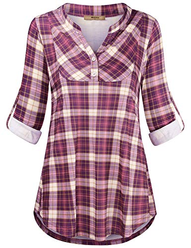 Miusey V Neck Shirts for Women,Ladies Oversized Checker Printed V Neck Office Attire Retro Tartan Plaid Tunic Blouses Maternity Plus Size Baggy Designer Autumn Clothes Pink XXL