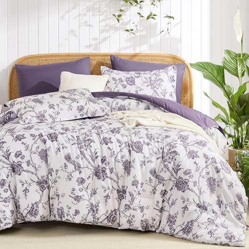 Luxudecor Floral Comforter Set King Size 7 Pieces, Purple Flower