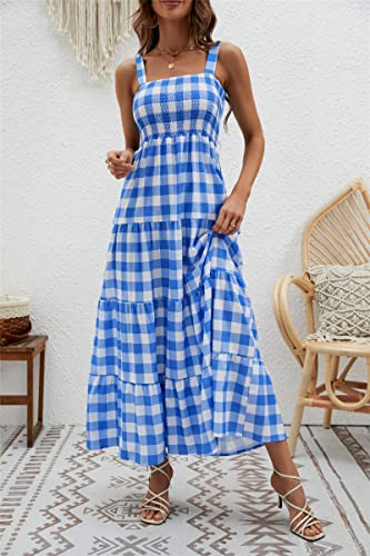 Image of kinstell Women's Summer Boho Spaghetti Strap Square Neck Ruffle Casual Flowy Long Dress Beach Swing Party Maxi Dress