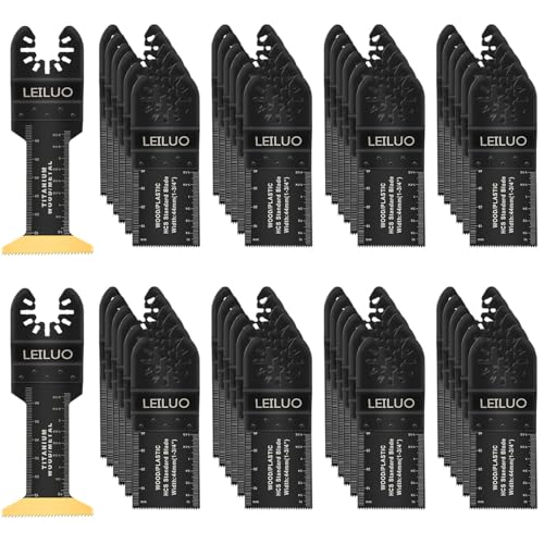 LEILUO 50 Pcs Multitool Blades Kit Extra-Long Titanium Oscillating Saw Blades for Wood Nails Drywall Universal Oscillating Tool Accessories with Storage Bag Fits DeWalt Makita Milwaukee and More