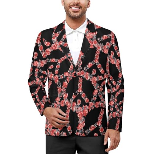 Peace Sign Red Rose Men's Slim Suit Long-Sleeve Prom Tuxedo Classic Two Button Business Jacket