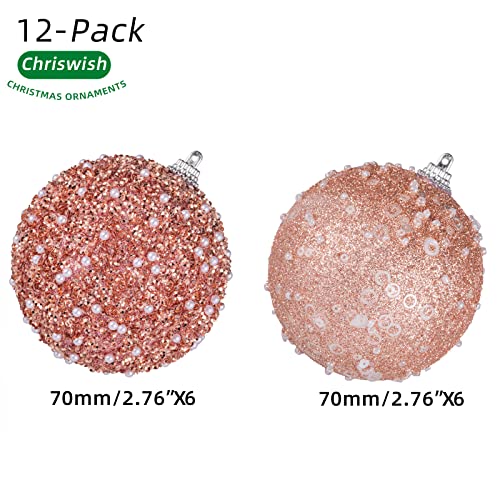 Chriswish 2.76" Christmas Ball Ornaments,12Pcs Rose Gold Christmas Ball Decorations Shatterproof Plastic Hanging Pearl Balls For Holiday Party #TOP4