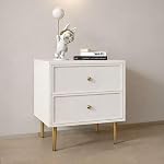 GStone Modern Square Nightstand, 2-Drawer Bedside Table with Solid Wood Drawers, Smooth Easy-Clean Surface, Metal Legs, Minimalist Bedroom Night Stand – 48W×40D×58Hcm (White/Gold Hardwares)