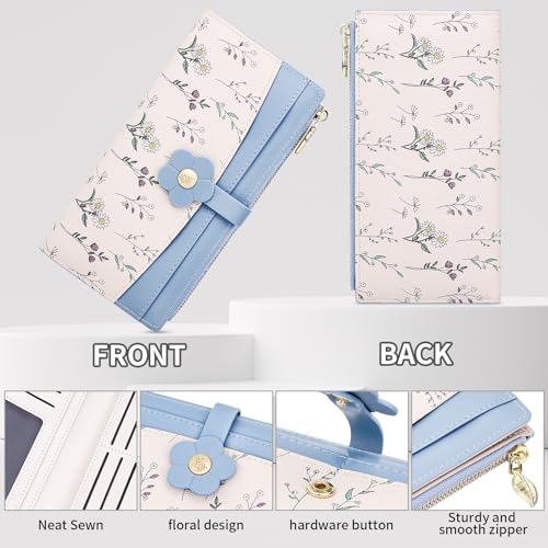 Image of Farcauo Long Floral Womens Wallet Cute Wallets for Women Blue Women's Wallet Kawaii Flower Card Wallets for Women Ladies