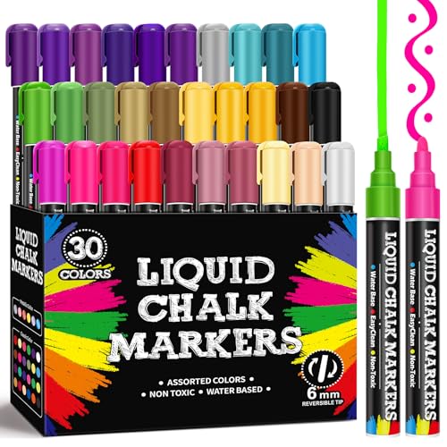 30 Pack Liquid Chalk Markers for Blackboard, Dry Erase Markers Pens for Chalkboard Calendar Window Car Glass, 6mm Reversible Tip, Dust-Free Chalk Pens for School Bistro Businesses Restaurants
