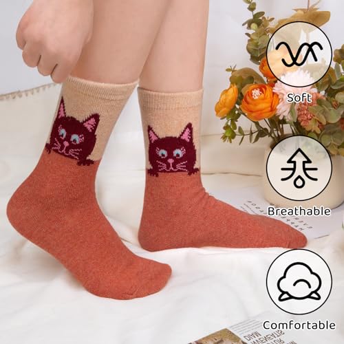 Image of 5 Pairs Wool Socks for Women, Winter Warm Cute Cat Crew Socks