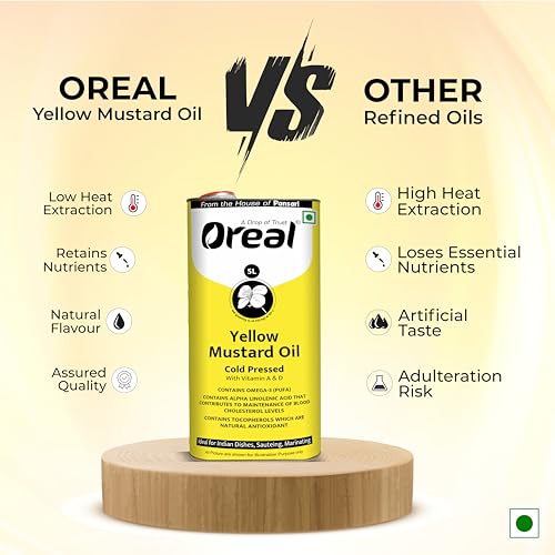 Image of Oreal Yellow mustard 5 Litres can, cold pressed unrefined mustard | Pili sarso cooking Oil (From the House of Pansari)