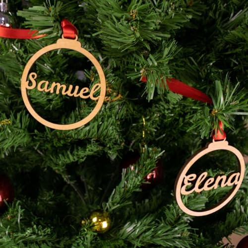Bola de Navidad Personalizada con Nombre Simple de Madera. Regalo Original Personalizado con Nombre de Madera. Adorno para el árbol de Navidad. Cordel de Raso Rojo Incluido. (Pack 3)