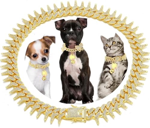 Image of Dog Chain Collar, Side Spiked Style Necklace Bling Diamond Cuban Link Dog Collars Glitter Rhinestone Puppy Collar for for Small Medium Large Pet Dogs (Rosegold, 16 Inch)