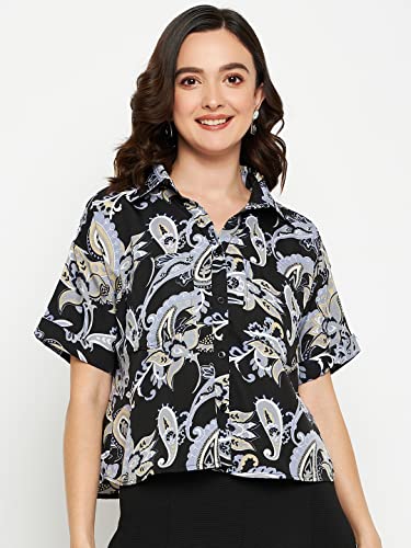 Image of Fashfun Women's Shirt (Floral Pink Crepe Top with Mandarin Collar & Full Sleeve)