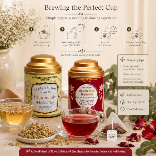 Image of Sancha Tea Boutique, Tea Combo Pack, Chamomile Flower (50g) & Glowing Beauty Teas (25 Pyramid Bags), Skin Glow & Calming Herbal Tisanes, Caffeine Free Teas