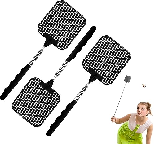 Preisvergleich Produktbild Fliegenklatsche,3 Stück Fliegenklatsche Ausziehbar,Fliegenklatsche Stabil,Fly Swatter,Fliegenklatsche Schwarz,Teleskop Fliegenklatsche für Fliegen,Mücken und Insekten