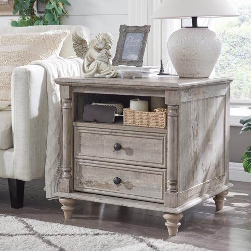 T4TREAM 24 Farmhouse End Table w4 Solid Wood Feet Large 2 Drawers Wide Sofa Side Table with Charging Station Tall Rustic Wood Square Nightstand for Living Room Bedroom Office Light Rustic Oak
