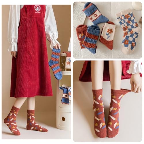 Image of Wool Socks for Women Thick Knit Vintage Cute Floral Crew Socks