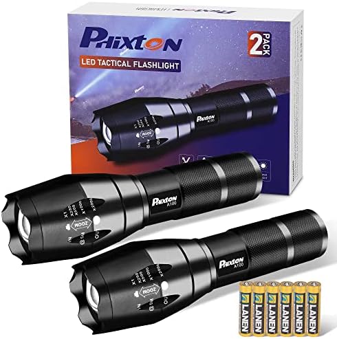 PHIXTON Flashlights LED High Lumens 2 Pack, Bright 3000 Lumen Handheld Flash Lights, Powerful Small Flashlight, Adjustable, Waterproof, for Gift Survival Emergency Camping Hiking Gear