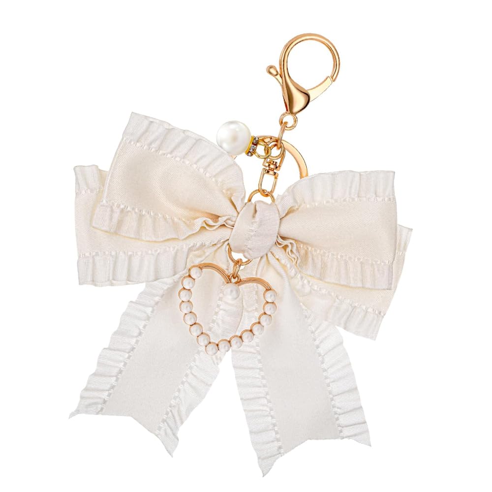 Rohxyzo Unisex White Bow Pearl Backpack Keychain Charm, Cute Metal Bow Keychain For Women's Handbags & Purses, Key Ring Accessory For Backpack Bag Or Car Keys