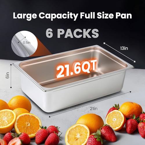 Aplancee 6-Piece Full Size Steam Table Pan Set 6 Inch Deep - Anti-Jamming Stainless Steel Hotel Food Pan, Dishwasher Safe & Oven Safe for Catering, Buffet, Salad & Restaurant Use