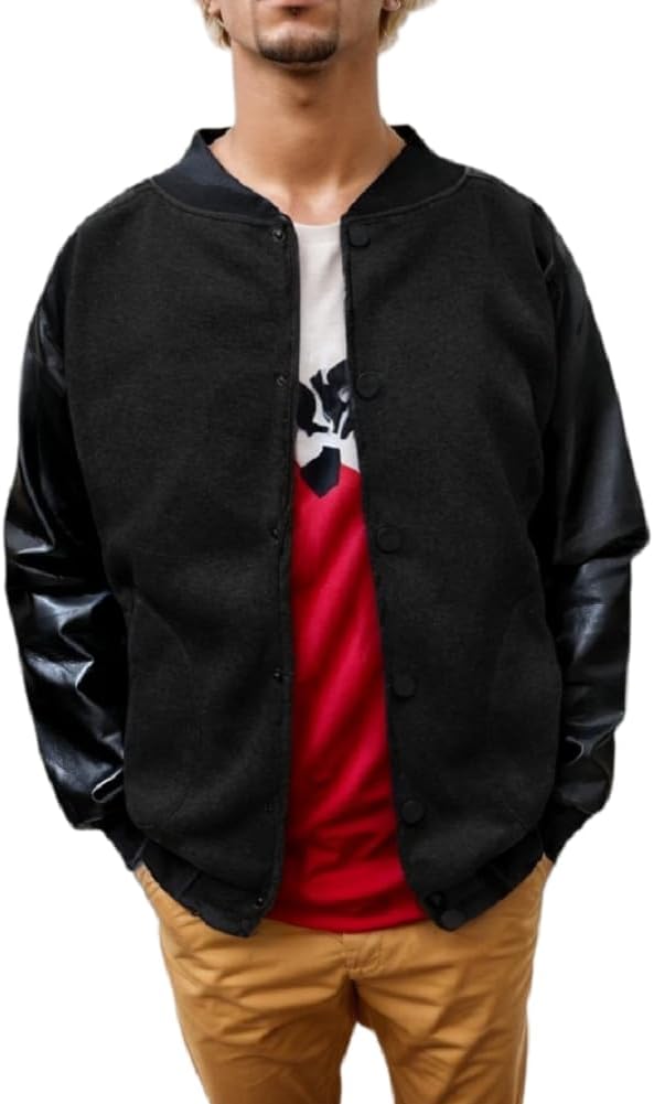 KalanmanMens Fashion Splicing Leather Sleeve Letterman Jacket Varsity Baseball Bomber Jacket