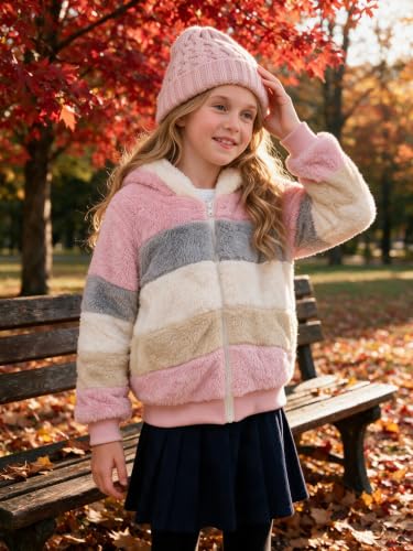 Image of Girls Fleece Jackets Kids Sherpa Fuzzy Zip up Hoodie Fall Winter Contrast color Pullover Sweatshirt 4-12 Years