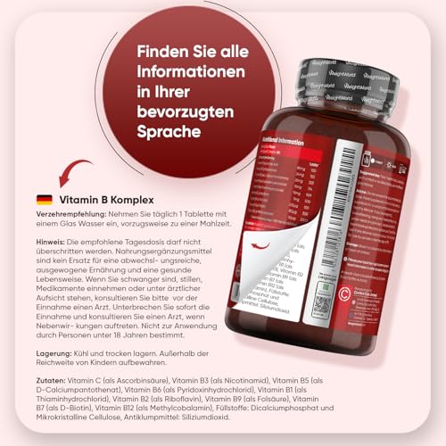 Vitamin B Komplex - 1 Jahr Vorrat - 365 Vitamin B Tabletten - Alle 8 B Vitamin B12, B1, B2, B3, B5, B6, B7, B9 - Mit Vitamin C (Ascorbinsäure), Biotin, Folsäure - Vegane B Complex - WeightWorld