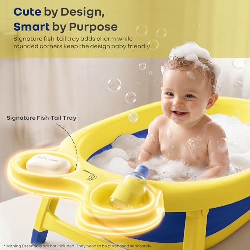 Image of R for Rabbit Bubble Double Finzy Baby Bath Tub Foldable for Kids 9 Months-3 Years | Womb Cocoon Bathtub Design | Anti-Skid Base | Quick Drain Plug | Space Saving Pool Bather with Tray (Yellow Blue)