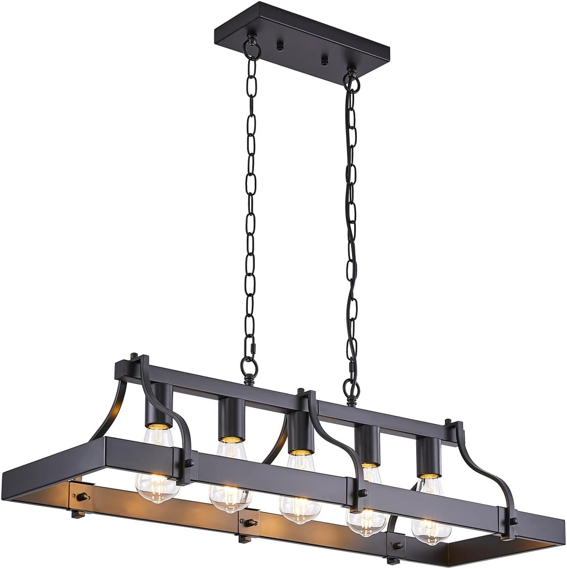 Industrial Black Chandelier for Dining Room, 5-Light Farmhouse Rustic Light Fixture Over Table, Modern Linear Rectangular Kitchen Island Pendant Lighting