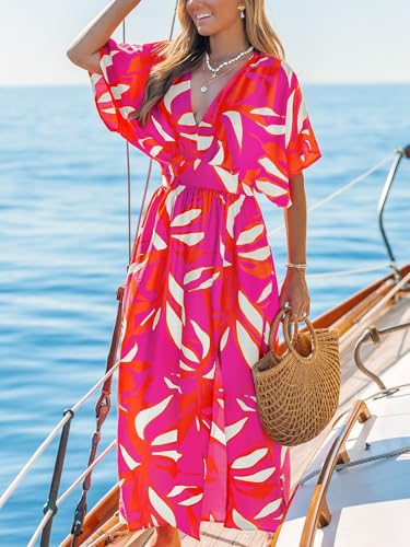 Image of CUPSHE Women's Summer Boho Maxi Dress Paisley Floral V Neck Smocked Dress Beach Vacation Slit Hem Flowy Dress with Pockets