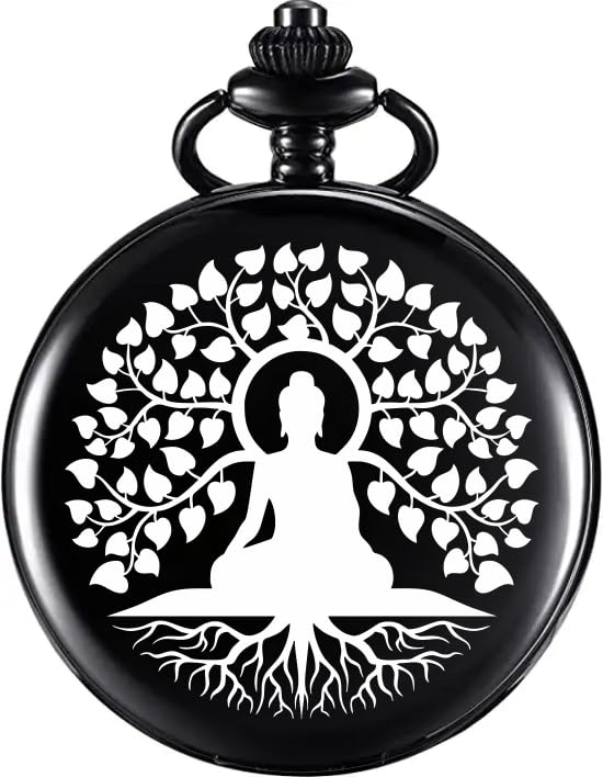 Image of Vintage Gandhi Style Pocket Watch with Engraved Designs & Messages Royal Black Analog for Men Women & Kids Includes Key Ring for car or Bike Keys Ideal Gift