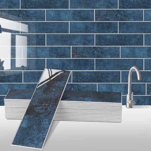 AllDecoo 24-Pieces Peel and Stick Tiles for Kitchen Backsplash, New Upgrade Design 12" x 3"SPC Subway Backsplash Tiles, Marble Blue Premium Finger Tiles (Blue).