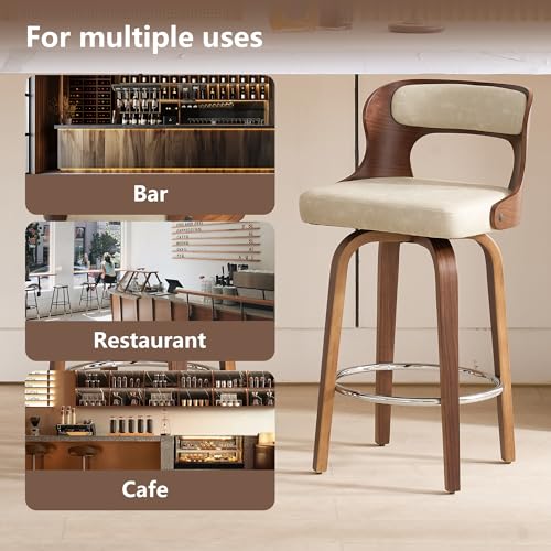Image of Swivel Bar Stools Set of 3, 26 inch Counter Height Bar Stools, Mid-Century Modern PU Leather Modern Island Chairs with Back and Footrest, for Kitchen, Bar, Restaurant, Cafe (Beige Gray)