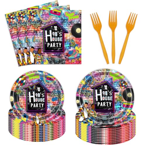 24 Guests 90's House Party Paper Plates and Napkins, Hip Pop 90's Birthday Party Supplies Birthday Party Tableware Set Table Decorations Favors with Forks
