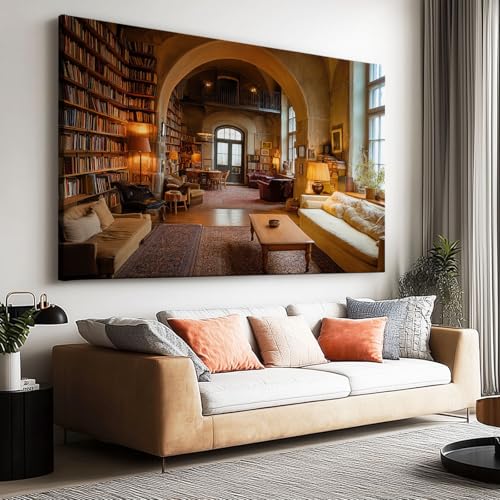 Générique Impression sur Toile Photo Peinture Photographie de Scène de Bibliothèque Réalisme, Tableau Decoration Murale Chambre Salon Maison Deco Cuisine...