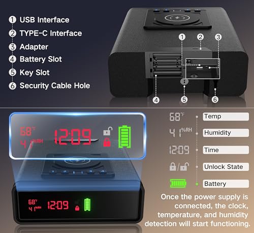 ORARAER Biometric Smart Gun Safe with Wireless Charging for Phone&Watch, 3 Quick Access Money Box with Fingerprint Backlit Keypad - Compact Bedside Drawer Safe, 24/7 Digital Clock handgun safe thumbnail 5