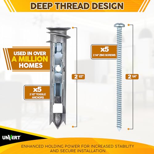 Self Drilling Ez Drywall Toggle Anchor Kit, Heavy Duty #8 Anchor with Screws - Easy Wall Ancors for Hanging and Mounting - Holds Up to 100 Lb. (5 Pack) - Image 3