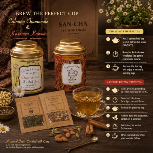 Image of Sancha Tea Boutique, Tea Combo Pack, Chamomile Flower (50g) & Kashmiri Kahwa Teas (75g), Loose Leaves, Real Kahwah & Caffeine Free Herbal Tisane