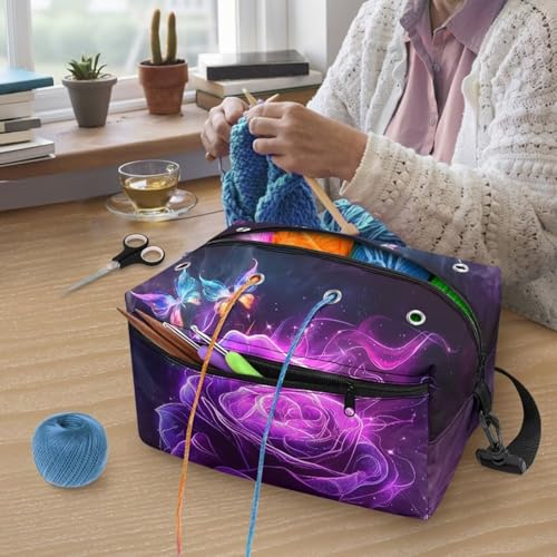 Image of Drnuikhe Knitting Bag Large Capacity Crochet Storage Bag,Traveling Craft Tote Organizer Knitting Bags for Crochet Hooks, Knitting Needles Starry Roses Print
