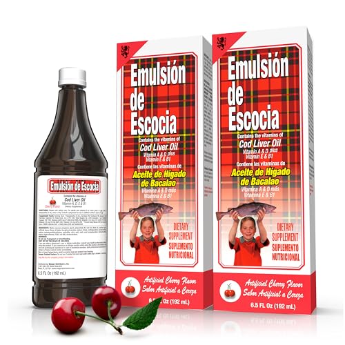 Emulsin de Escocia Cod Liver Oil with Vitamins A D E B1 - Natural Cherry Flavor Fish Oil Omega-3 Dietary Supplement for Immune Support & Growth - Essential Nutrients - 6.5 oz (2-Pack)