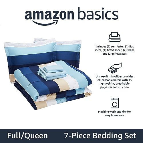 Amazon Basics Full/Queen Comforter Set with Sheets, 7-Piece Blue Stripe Bedding, Lightweight Microfiber Bed-in-a-Bag, Striped by Amazon Basics - Image 2