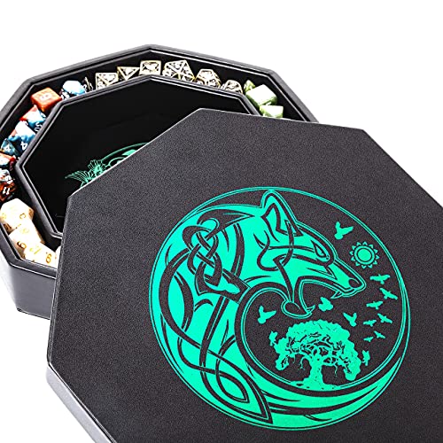 DND Dice Tray - Premium 9 Inch Tray for Dungeons and Dragons: Exquisitely Detailed Green World Tree & Wolf Raven Design - Perfect Rolling & Box Storage to Protect Your Dice for D&D and RPG